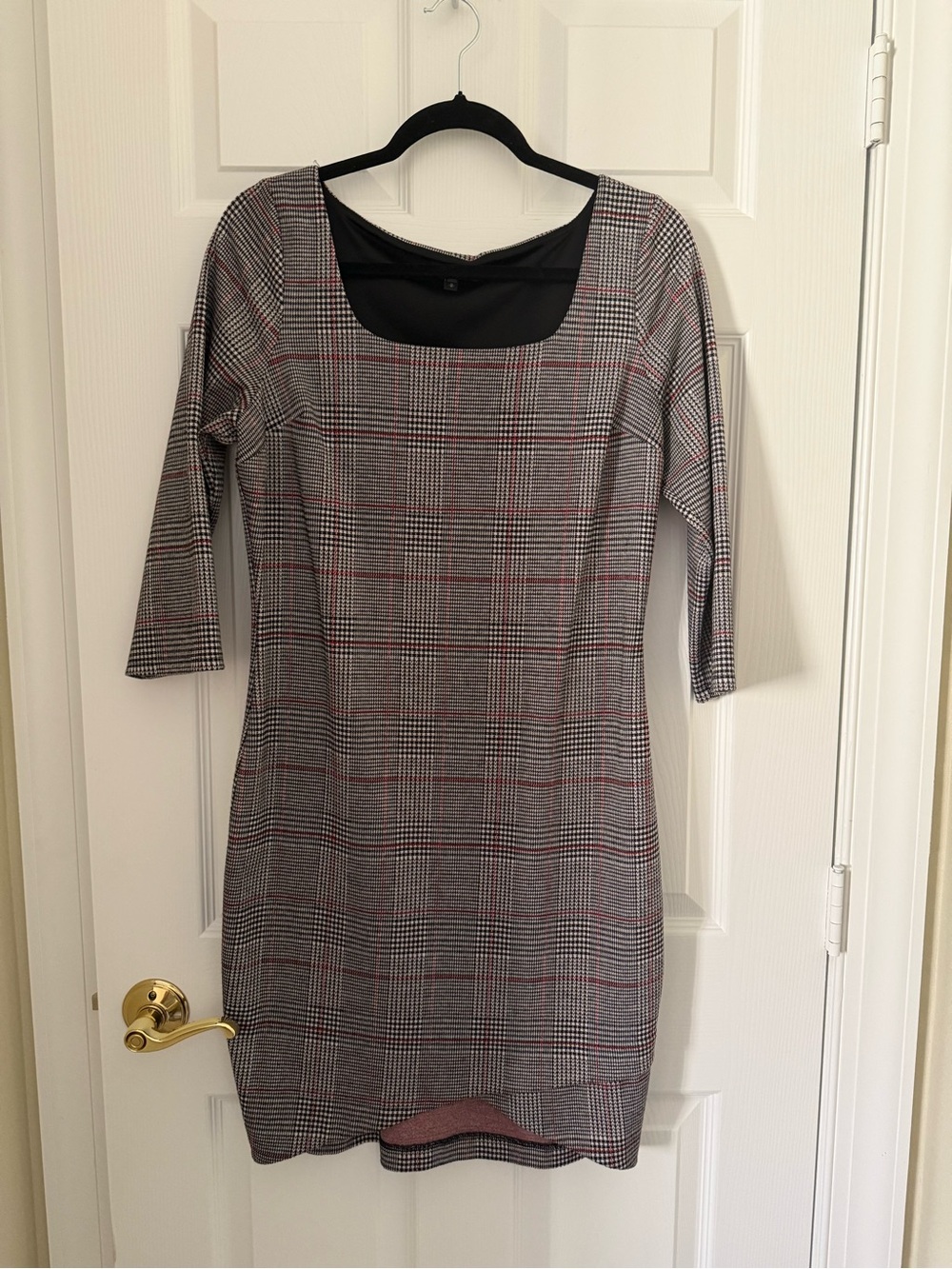 Express Plaid Midi Dress in Gray with Red Accents